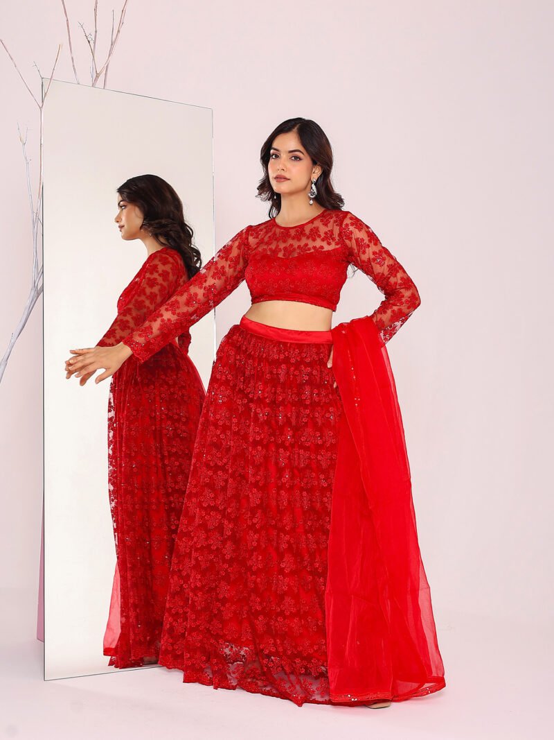 Red net lehenga set