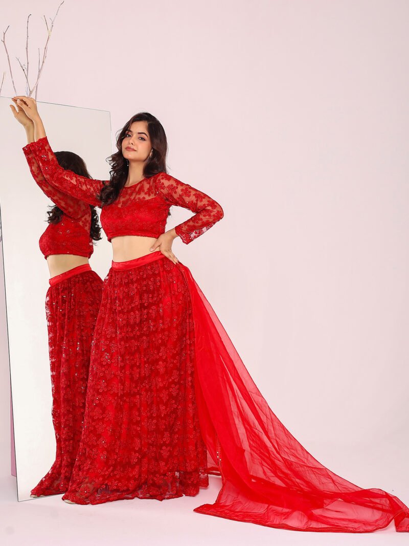 Red net lehenga set