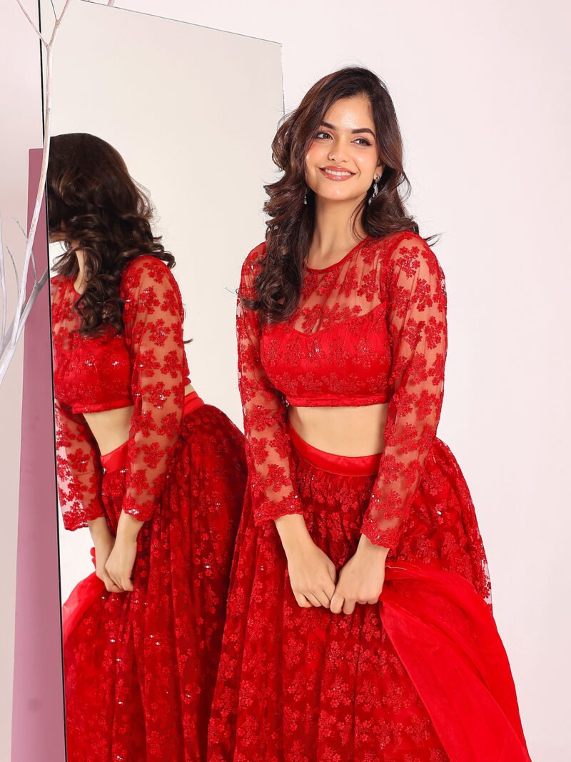 Red net lehenga set