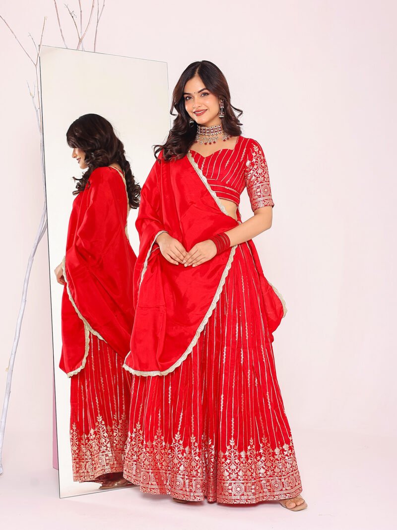 Red brocade lehenga set