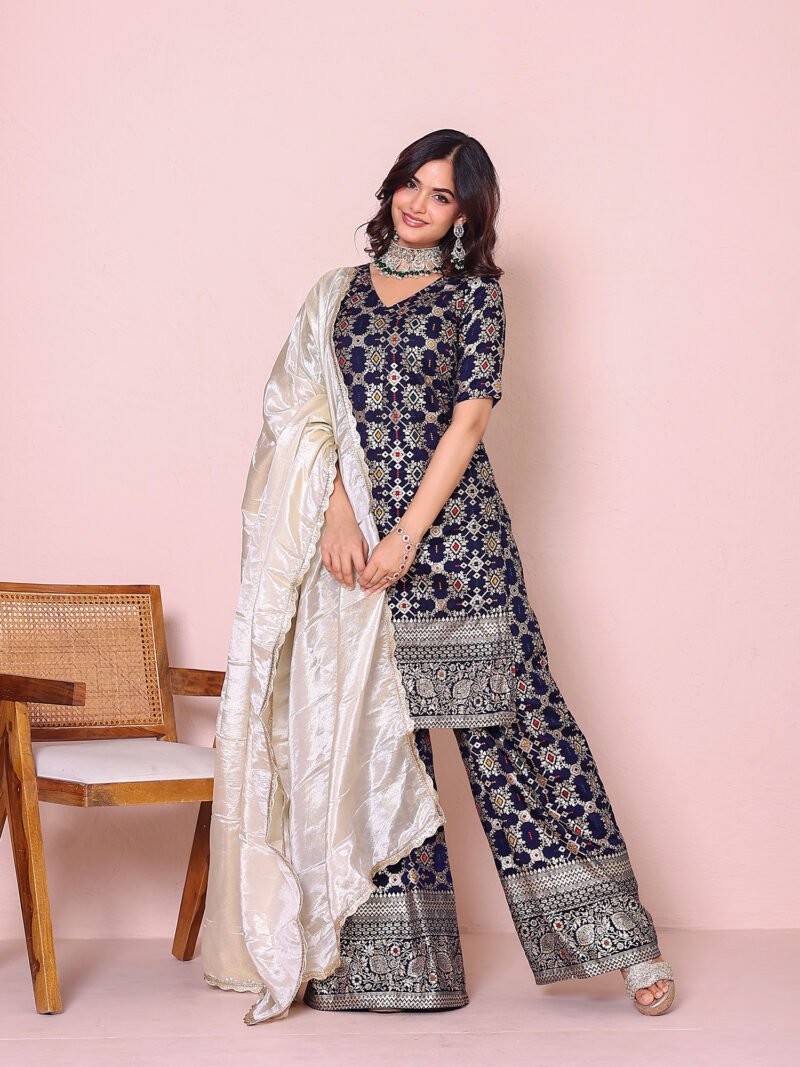 Navy Brocade Suit Set