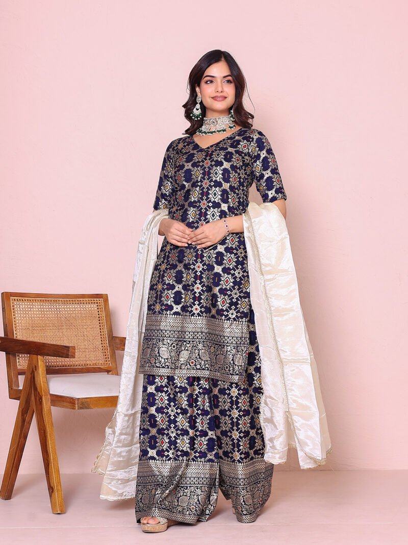 Navy Brocade Suit Set