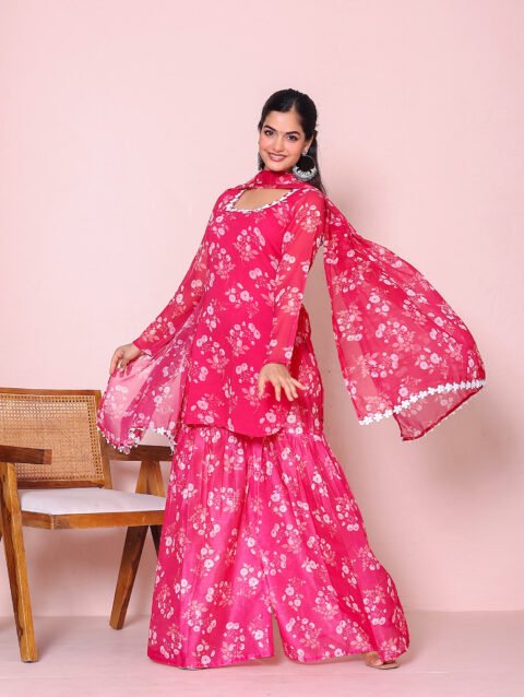 Pink chiffon print suit set