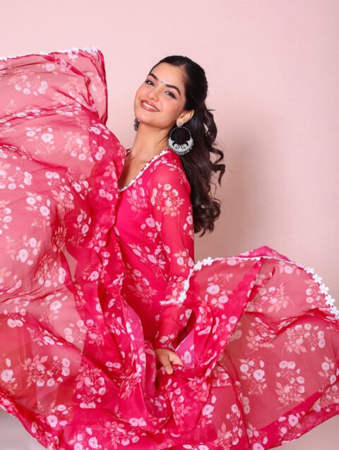 Pink chiffon print suit set