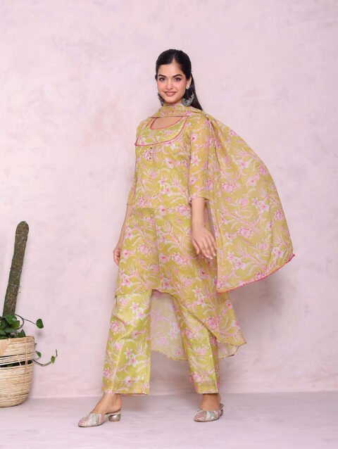 Green Chiffon Print Suit Set