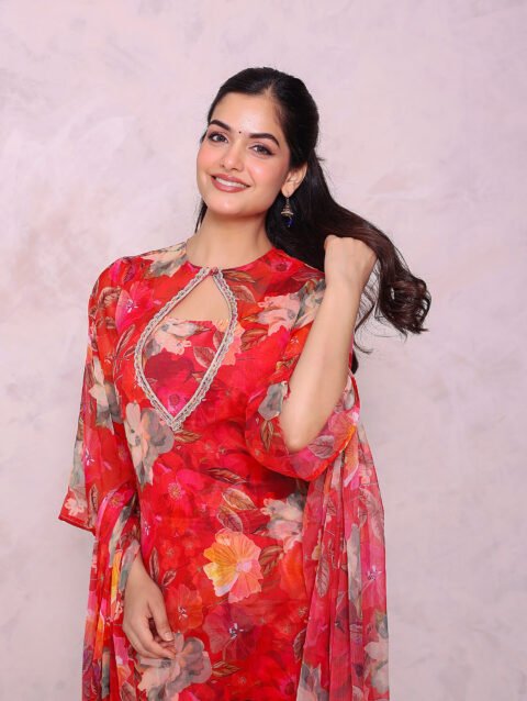Home 37 Red chiffon print suit set